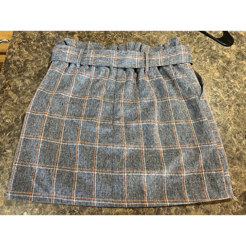 Entro Grey Orange Plaid Paperbag Waist Mini Skirt Belted High Rise Small Fall - Picture 7 of 9